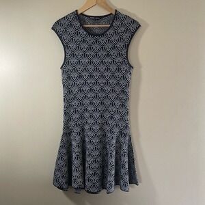 Markus Lupfer Fit & Flare Dress Large Navy White Jacquard Fan Shell Knit Skater